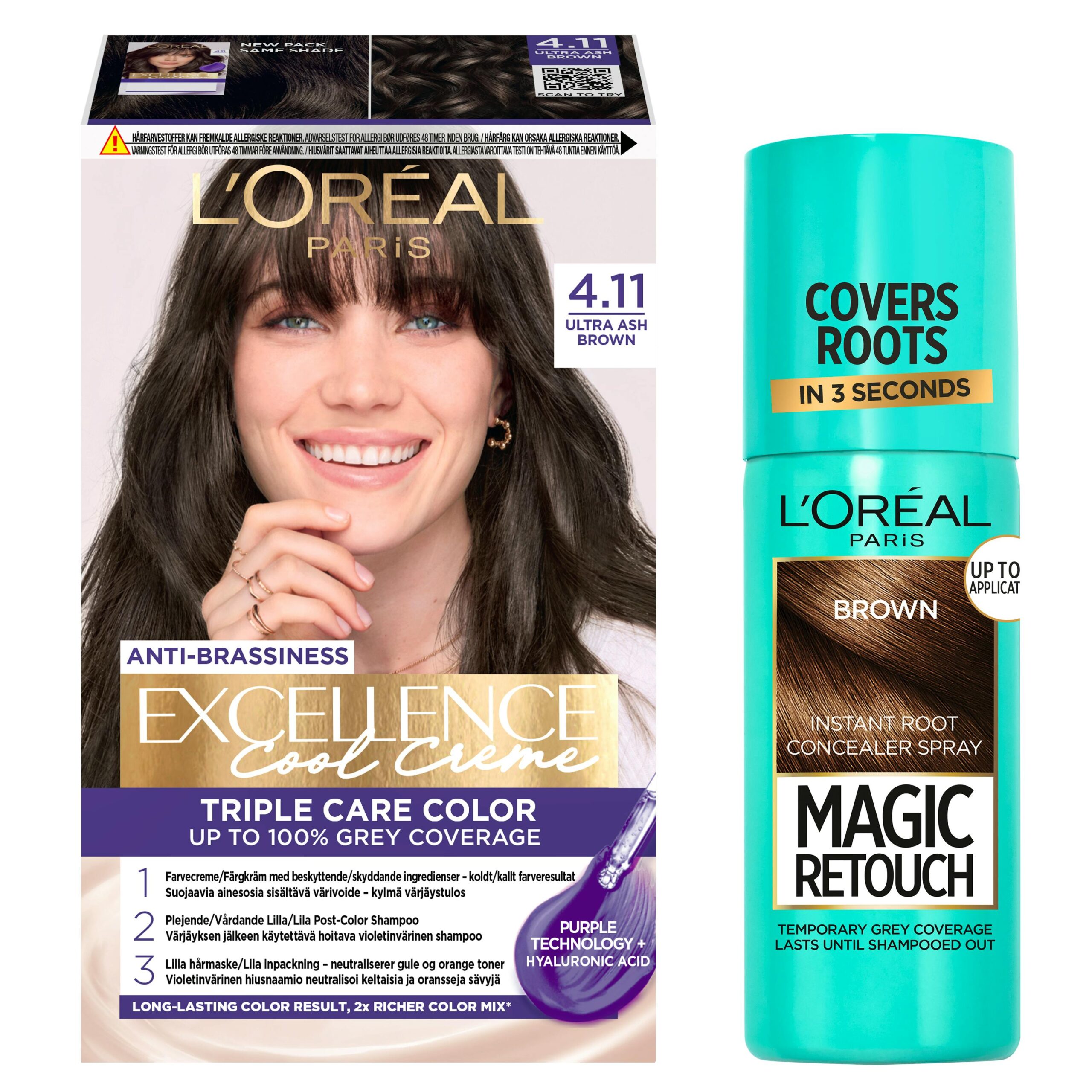 Amp Oral Paris Excellence Creme Hair Color Ultra Ash Brown & Magic Retouch Brown Instant Root Concealer Spray Pcs - Beautylife - 3600523939763
