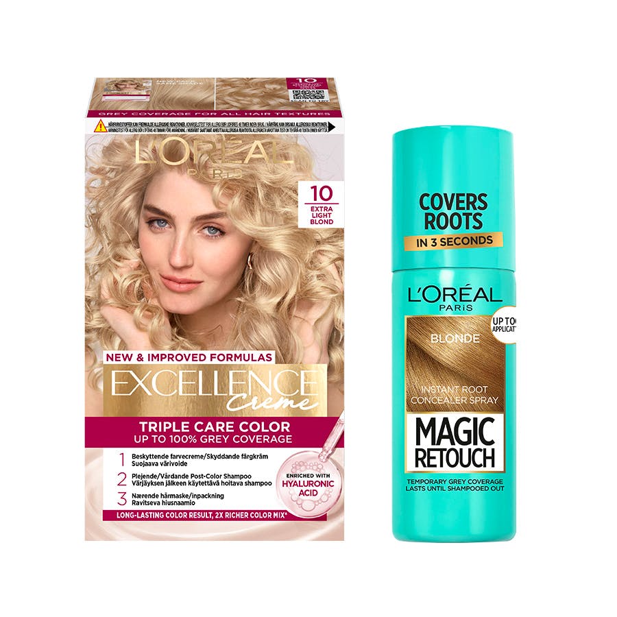 Amp Oral Paris Excellence Creme Hair Color Extra Light Blonde & Magic Retouch Root Concealer Spray Blonde Pcs - Beautylife - 5703147063192