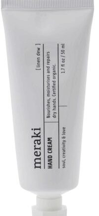 Hvid Håndcreme Meraki Linen Dew Økologisk Cosmos Med Aloe Vera Kakaosmør & Avocadoolie Duft Pebermynte & Patchouli - Meraki Beautylife  - 5707644529571